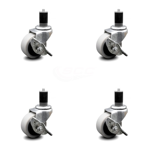 2 Inch Thermoplastic Wheel 1-5/8 Inch Expanding Stem Caster with Brakes, 4PK